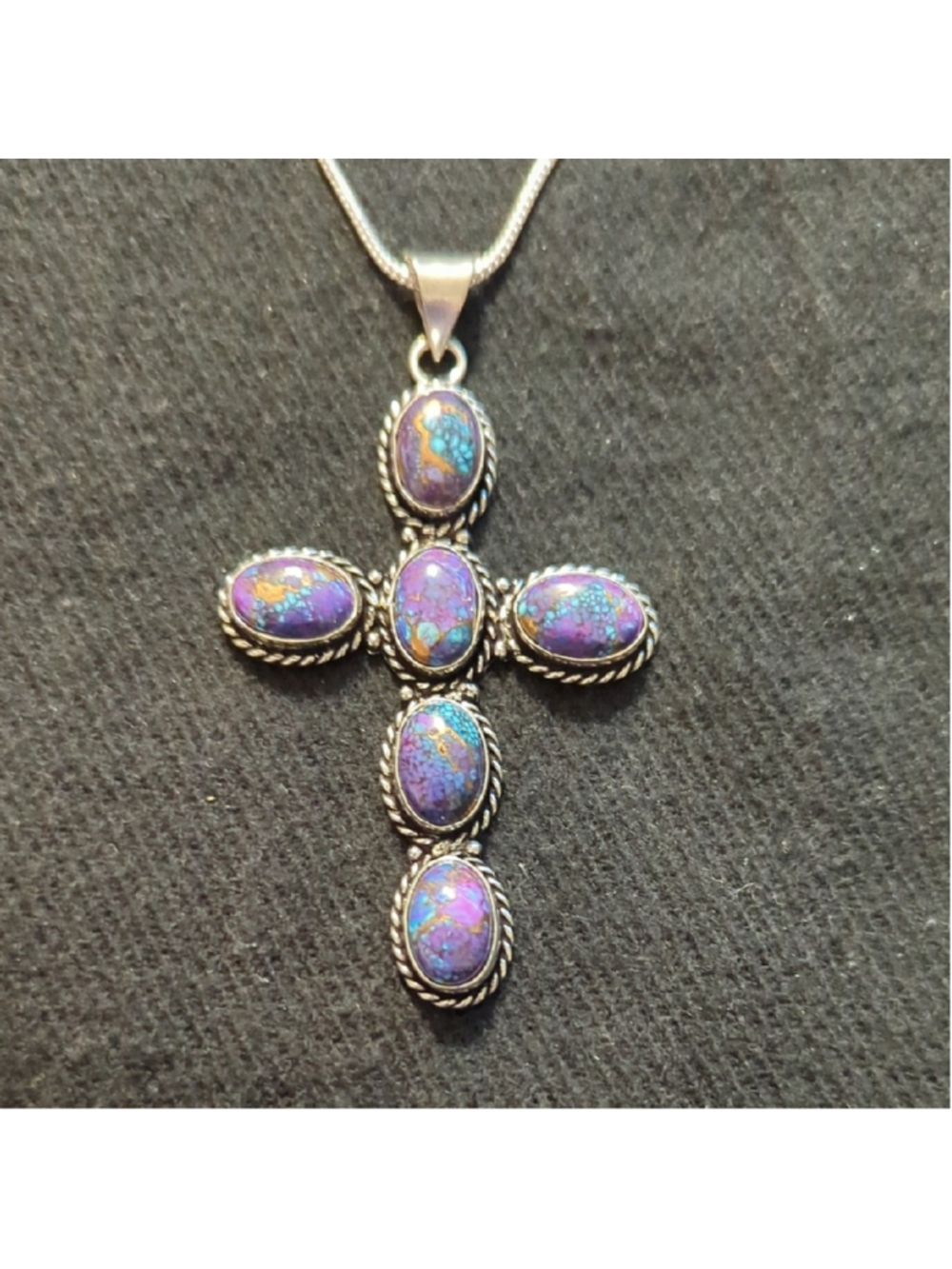Silver Plated Purple Dahlia Kingman Turquoise Gemstone Cross Pendant Necklace